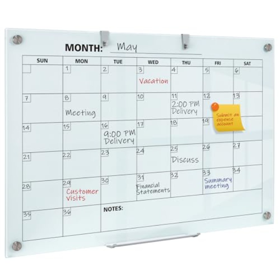 Magnetic Whiteboard Calendar - Glass Dry Erase Calendar for Wall,