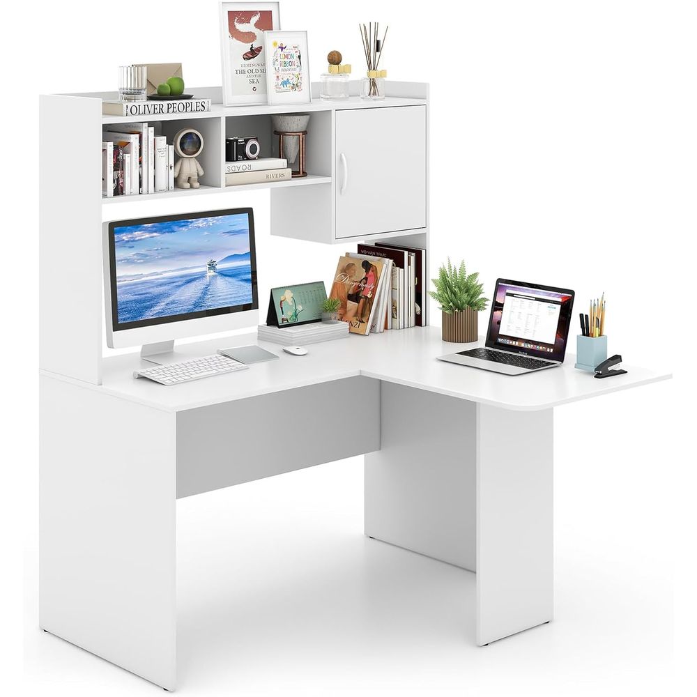 Gaming Desk With Hutch - Modern White L-Shaped Desk with Hutch,
