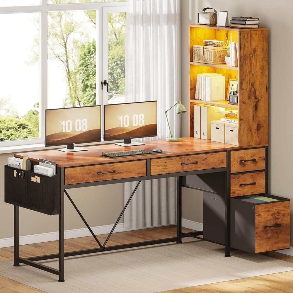 5-Drawer Rustic Brown Desk wit – обзор и цена Gaming Desk With Hutch
